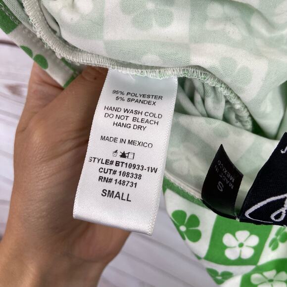 Windsor S Green White Checkered Shamrock Clover Tie Up Halter Ruched Crop Top - Picture 8 of 8